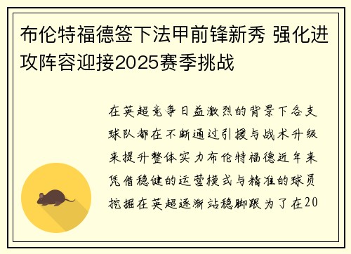 布伦特福德签下法甲前锋新秀 强化进攻阵容迎接2025赛季挑战